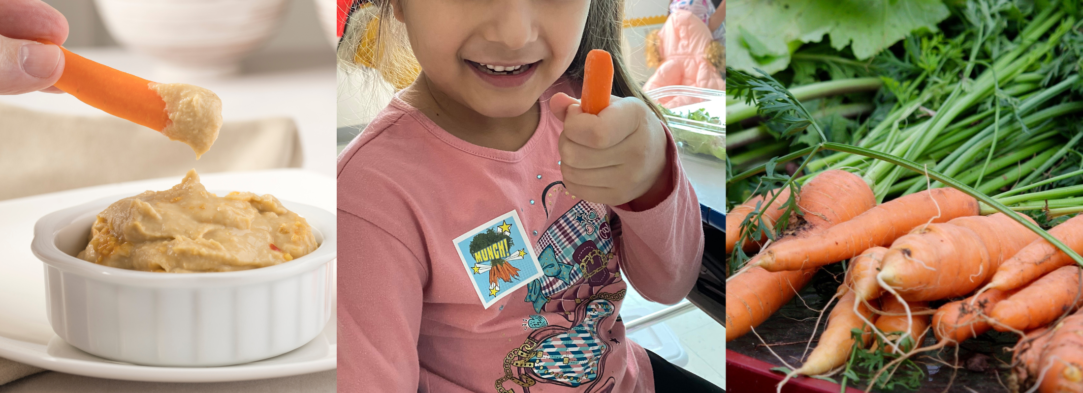 images of peppers, green beans, girl hold a carrot and a bunch of carrots